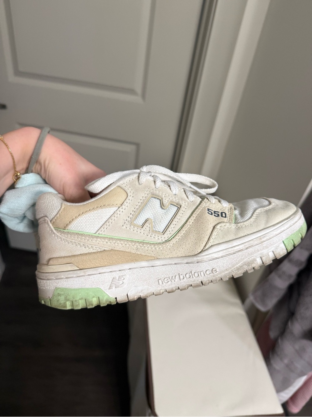 New Balance 550 Cream Sneakers with Pale Green Accents